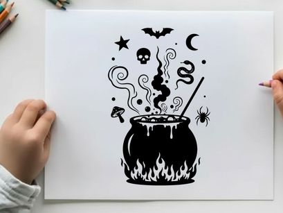 Black silhouette cauldron with witchcraft symbols and spooky elements