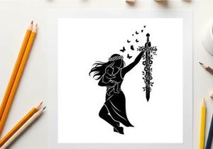 Silhouette of a woman holding a sword with flowers and butterflies