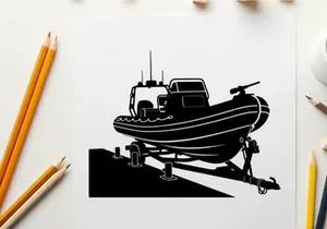 Silhouette of a boat on a trailer in a black and white image