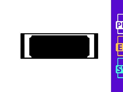 A black rectangle with a white outline and a circular design in the center