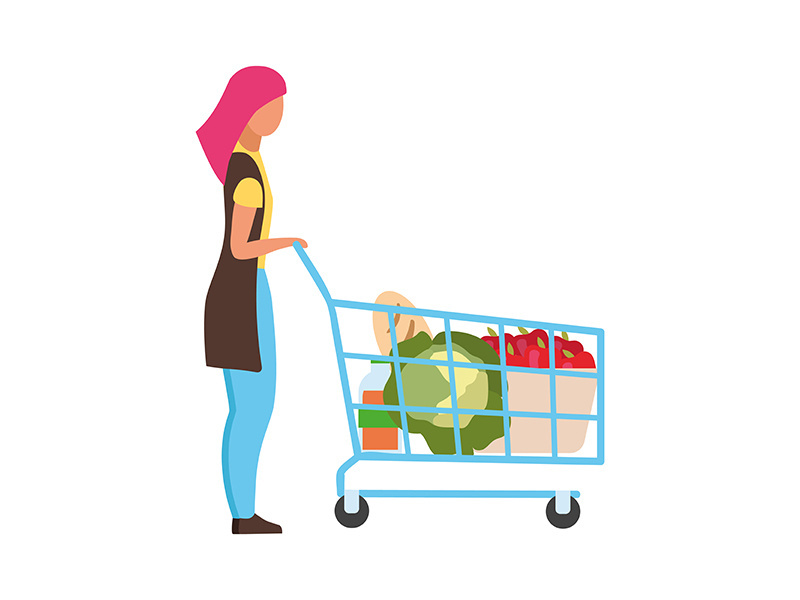 Woman with shopping cart semi flat color vector character