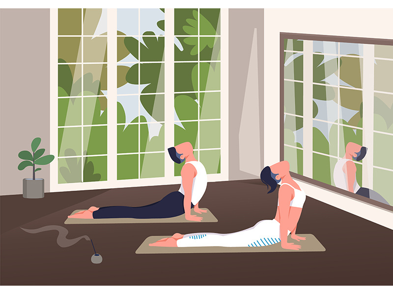 Indoor yoga class flat color vector illustration