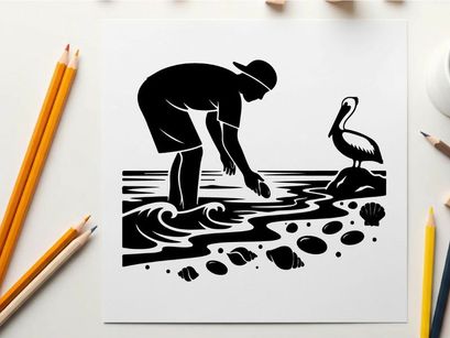 Silhouette of a man and pelican by the ocean shore