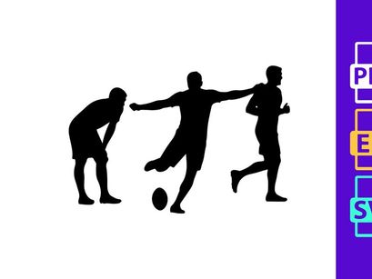 Silhouette of three soccer players in action kicking ball