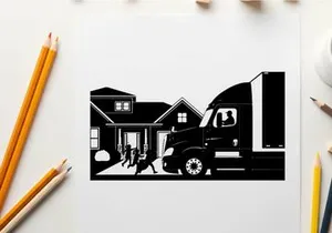 Silhouette of moving truck parked at suburban home with people