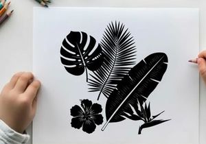 Tropical silhouette of leaves and a flower arrangement