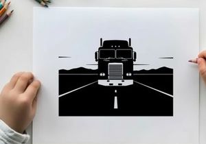 A silhouette of a semi truck driving down a deserted highway at sunset