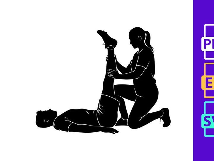 A woman assisting a man with a leg stretch exercise on the floor