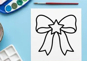 Christmas bow with star icon, simple black line art vector illustration for holiday design