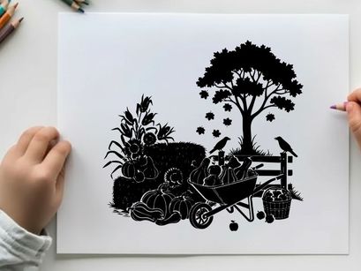 Silhouette of wheelbarrow and tree with birds