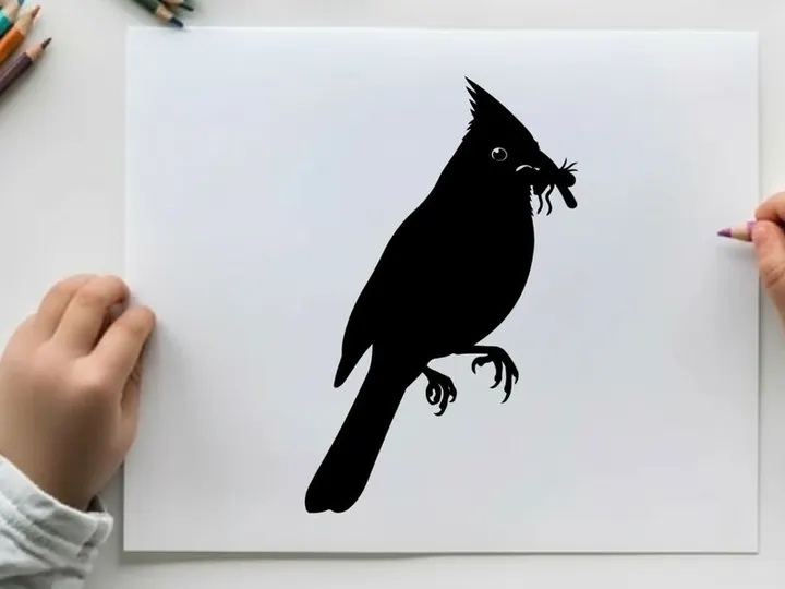 Silhouette of a cardinal holding a worm in its beak profile view