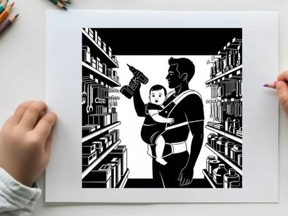 Silhouette of a man holding a baby and a drill in a store