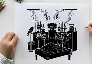 Silhouette of a mad scientist in a laboratory setting