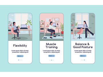 Workout in workplace onboarding mobile app screen flat vector template preview picture