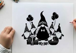 Black silhouette of gnomes celebrating a special occasion with silhouette