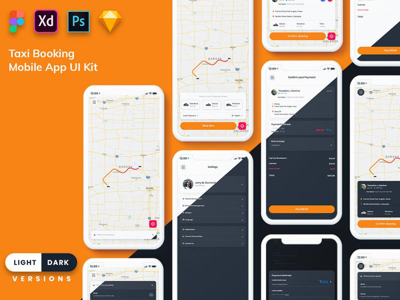 Taxi Booking Mobile App UI (Light & Dark)