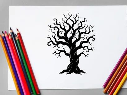Black silhouette of a leafless tree with twisting branches