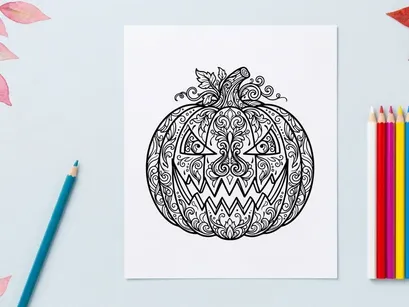 Ilustración de calabaza de Halloween dibujada a mano con patrones intrincados. Boceto de jack-o'-lantern espeluznante con motivos tribales y florales para diseños festivos...