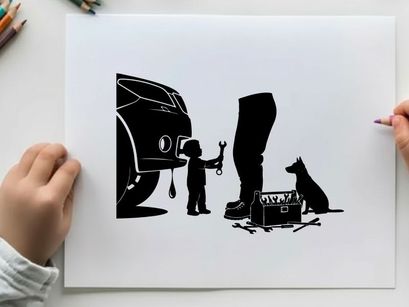 Silhouette of a boy and dog by a broken car with a toolbox