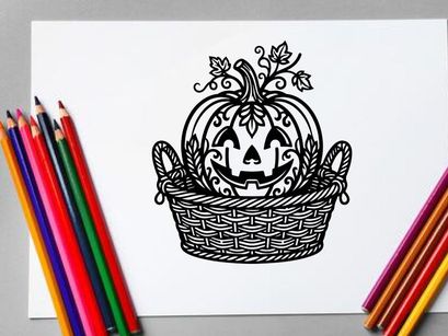 Labu Hias Halloween dengan Wajah Ukiran dalam Keranjang Anyaman