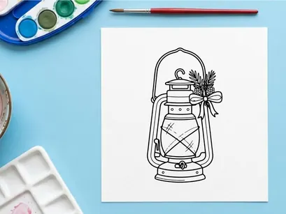 Christmas lantern line art illustration with pine branches and a festive holiday bow.