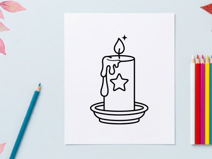 Hand-drawn Halloween candle with melting wax and star. Spooky festive illustration for seasonal decor and greeting cards.