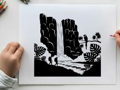 Silhouette of a tropical waterfall scene with hikers and a parrot