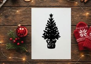 Black silhouette of a decorated Christmas tree with a star topper on white background