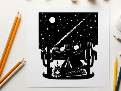 A desert camping scene with a shooting star streaking across the night sky