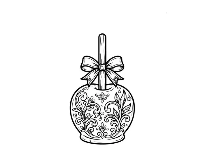 Decorative candy apple line art. Ornate caramel apple illustration with a festive bow.