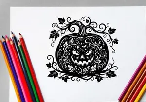 Halloween Pumpkin Carving with Spooky Face and Decorative Vines