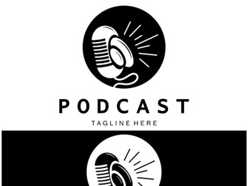 podcast logo with microphone and earphone audio, radio waves. for studio, talk show, chat, information sharing, interview, multimedia and web. preview picture