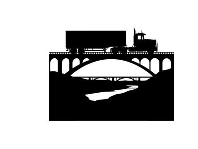 Truck crossing bridge silhouette against white background