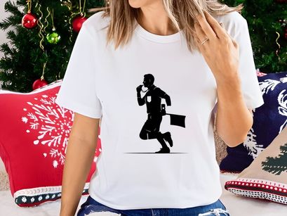 A soccer referee running with a flag in a black silhouette