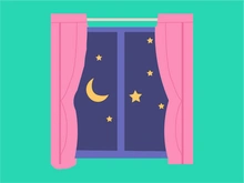 Window at night with moon and stars flat illustration in Adobe illustrator