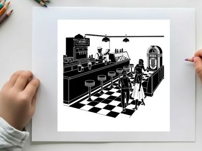 Black and white silhouette of a classic american diner interior scene