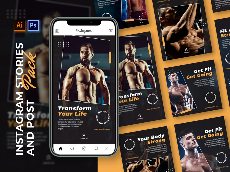 GYM Instagram post and stories template
