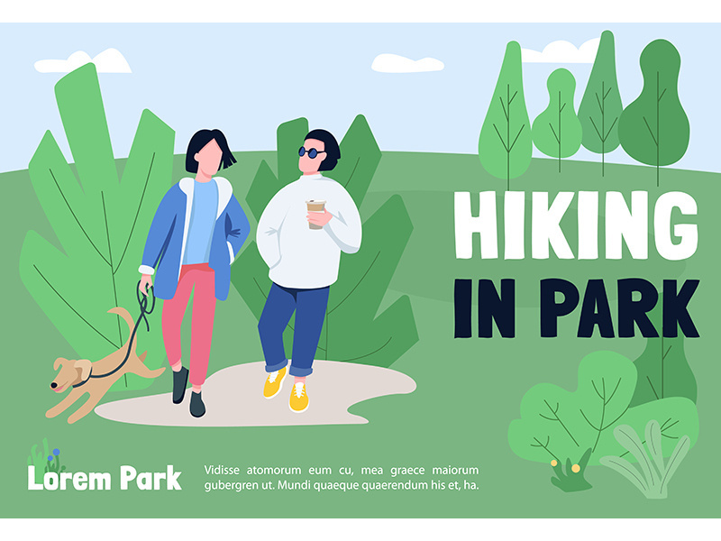 Hiking in park banner flat vector template