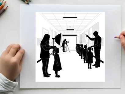 Silhouette of a line of children with adults in a hallway setting