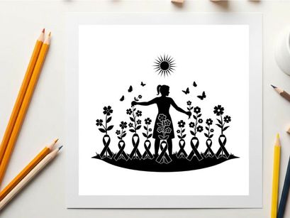 Silhouette of a woman surrounded by flowers and birds in a garden silhouette