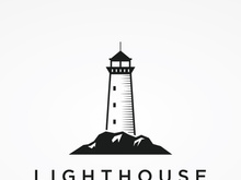 Sea lighthouse tower building creative logo with spotlights vintage vector template.