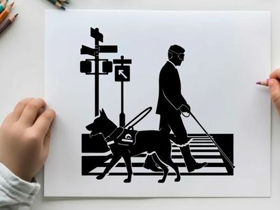 Silhouette of a blind man with guide dog crossing street