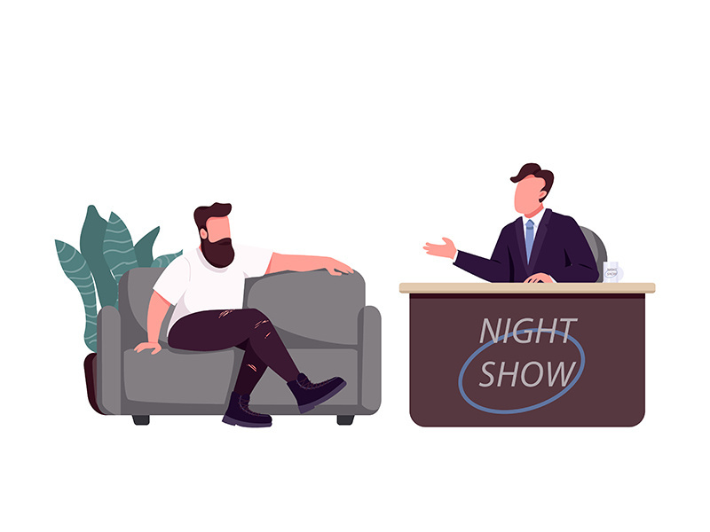 Talk show host and guest flat color vector faceless characters