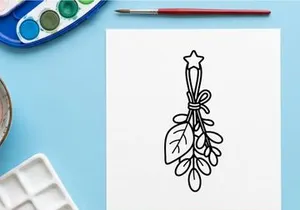 Hand-drawn Halloween mistletoe with golden star decoration. Festive holiday sprig illustration for seasonal greeting cards and party invites.