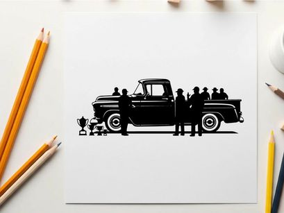 Vintage pickup truck silhouette with group of people and dog