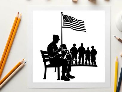 Silhouette of a soldier playing the trumpet with american flag and troops