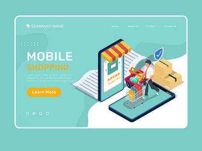 Isometric mobile shopping - landing page illustration template