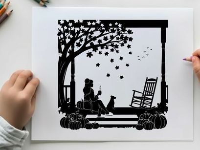 Silhouette of woman and dog on porch with autumn leaves