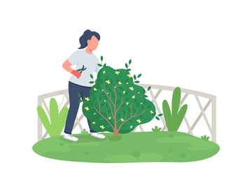 Woman trimming bush flat color vector faceless character preview picture
