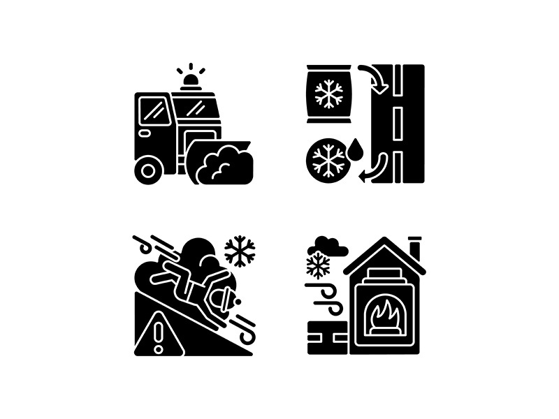 Ice clearing services black glyph icons set on white space